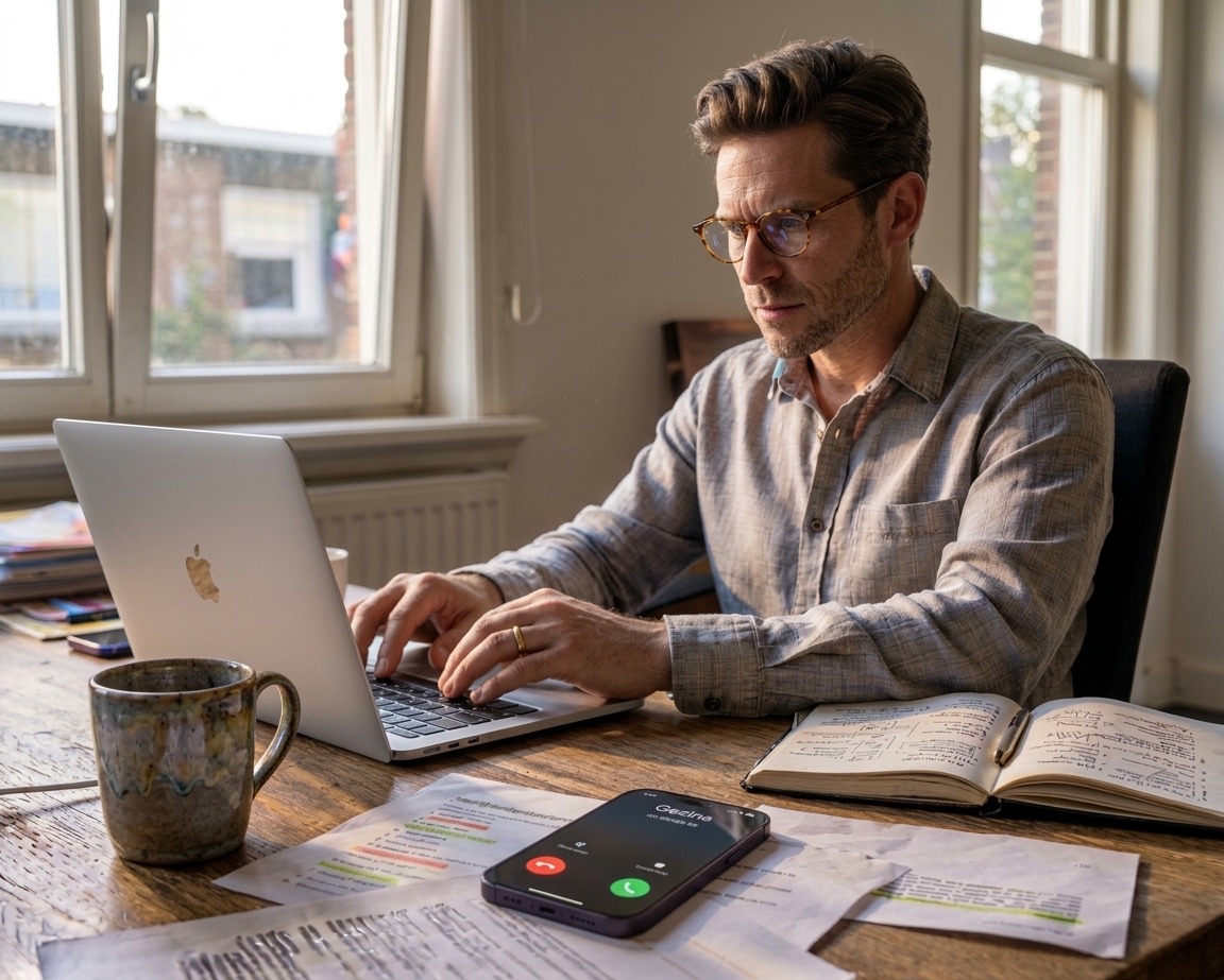 Hypotheekadviseur achter zijn laptop, met telefoon die overgaat met onbekend nummer
